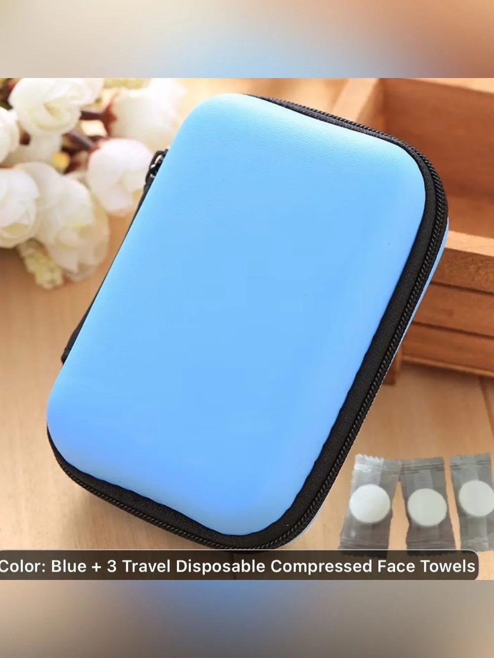 Blue Accessory Case with Zipper and travel disposable compressed face towels
